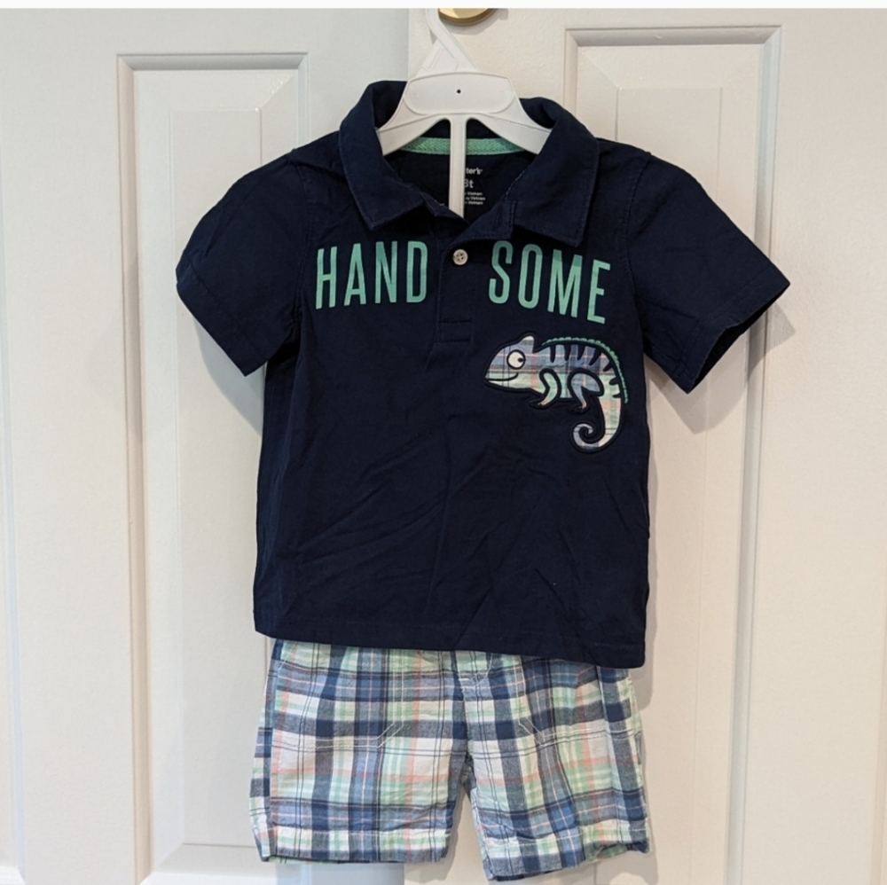 Carter's Shirt Shorts Set Polo Blue Plaid 3t Handsome Animals